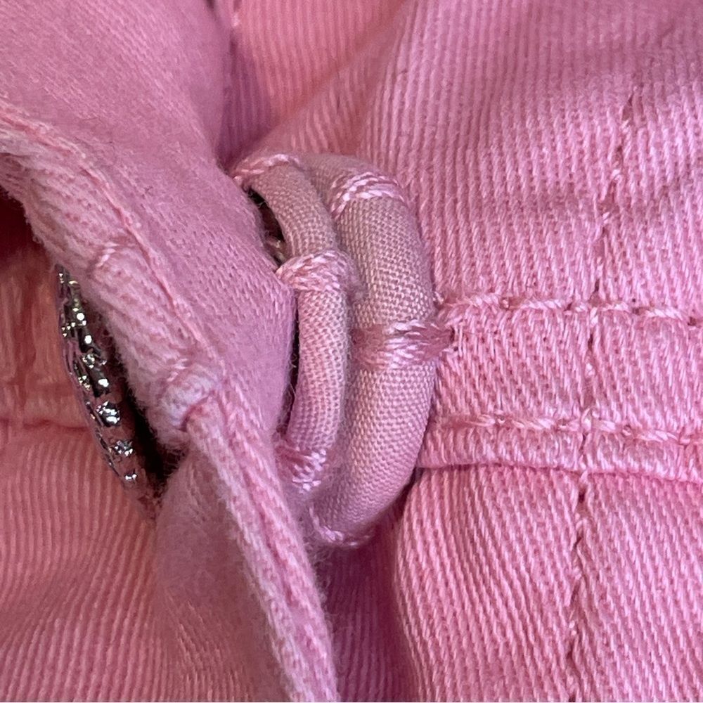 Quacker Factory Denim Button Down Jacket Distressed Rhinestone Hearts Pink S - Picture 8 of 15